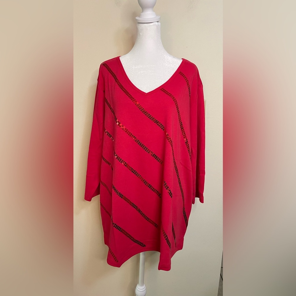 Quacker Factory Women’s Red Sequins Shirt Top 3/4 Sleeves V- Neck Size 2XL.NWOT